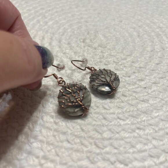 Rustic ZEBRA CALCITE Handmade COPPER WIRE-WRAPPED Dangle Earrings #163D - Picture 2 of 3